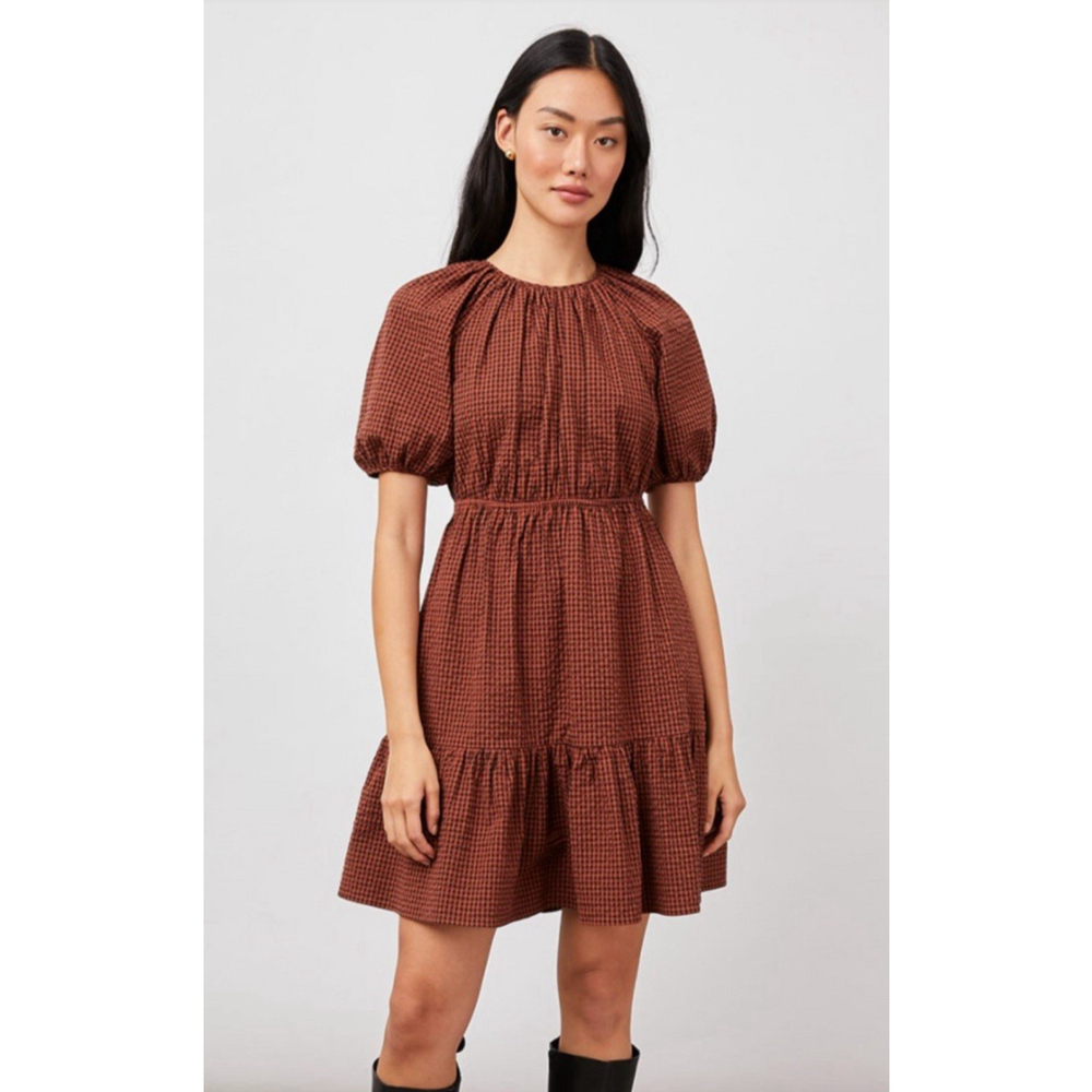 RAILS Dress Size S Brown Black Khloe Russet Gingham Seersucker Mini Puff Sleeve